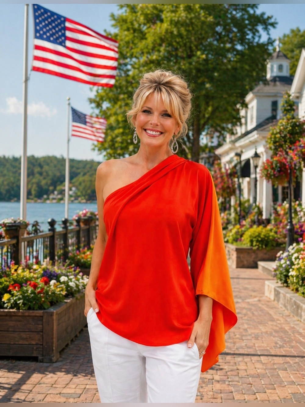 Tahari Asymmetrical Red and Orange Blouse